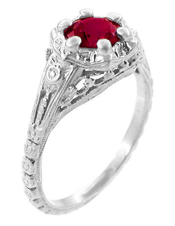Art Deco Filigree Flowers Lab Created Ruby Engagement Ring in 14 Karat White Gold - Item: R706WCR - Image: 2