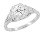 Art Deco Filigree Flowers Antique Design 0.50 Carat Diamond Engagement Ring in 14 Karat White Gold