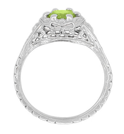 Filigree Flowers Art Deco Peridot Engagement Ring in 14 Karat White Gold - Item: R706WPER - Image: 3