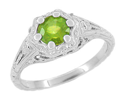 Filigree Flowers Art Deco Peridot Engagement Ring in 14 Karat White Gold