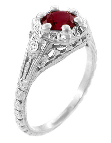 Art Deco Filigree Flowers Ruby Engagement Ring in 14 Karat White Gold - Item: R706WR - Image: 2