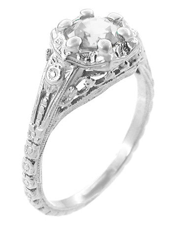 Art Deco Filigree Flowers Vintage Style White Sapphire Engagement Ring in 14K White Gold - alternate view