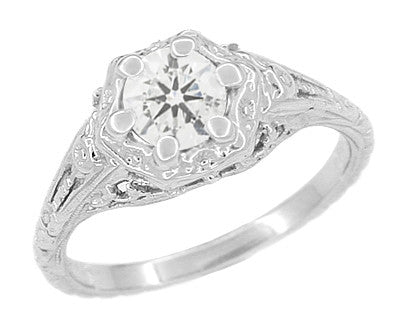 Art Deco Filigree Flowers Vintage Style White Sapphire Engagement Ring in 14K White Gold