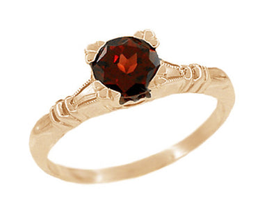 Rose Gold Art Deco Hearts and Clovers Solitaire Vintage Almandine Garnet Engagement Ring - R707