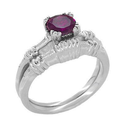 Clovers and Hearts Art Deco Solitaire Rhodolite Garnet Engagement Ring in 14 Karat White Gold - Item: R707WRG - Image: 3