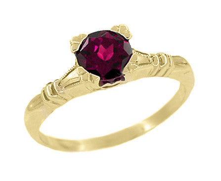 1920s Art Deco Solitaire Antique Yellow Gold Rhodolite Garnet Engagement Ring with Hearts & Clovers - R707YRG