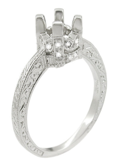 Art Deco Scroll Engraved 1 Carat Diamond Knife Edge Crown Engagement Ring Setting in 18 Karat White Gold - alternate view