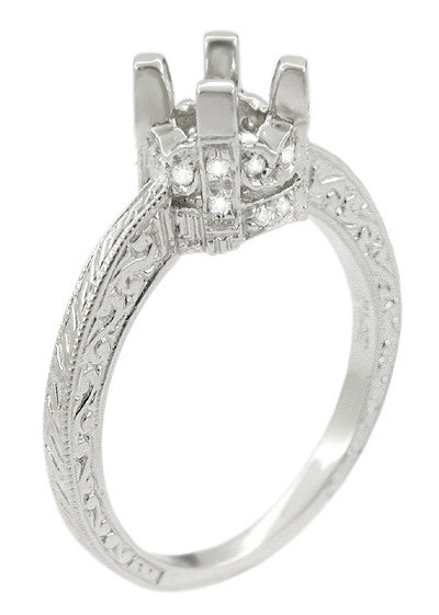 Art Deco Scroll Engraved 1 Carat Diamond Knife Edge Crown Engagement Ring Setting in 18 Karat White Gold - Item: R710 - Image: 2