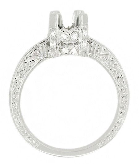 Art Deco Scroll Engraved 1 Carat Diamond Knife Edge Crown Engagement Ring Setting in 18 Karat White Gold