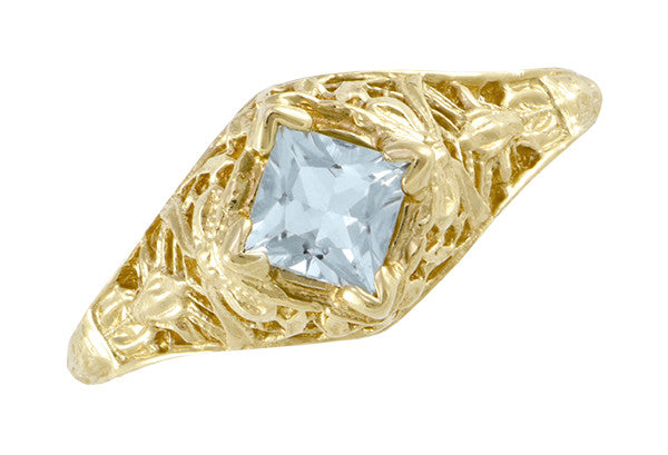 Edwardian Floral Filigree Square Aquamarine Engagement Ring in 14K Yellow Gold - Item: R713YA - Image: 4