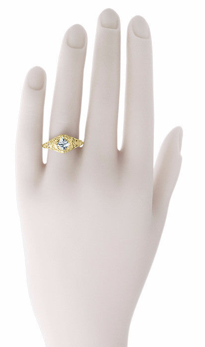 Edwardian Floral Filigree Square Aquamarine Engagement Ring in 14K Yellow Gold - Item: R713YA - Image: 6