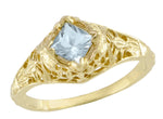 Edwardian Floral Filigree Square Aquamarine Engagement Ring in 14K Yellow Gold