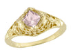 Yellow Gold Filigree Edwardian Antique Square Princess Cut Morganite Engagement Ring - East to West - R713YM