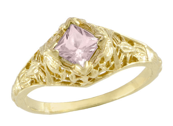 Yellow Gold Filigree Edwardian Antique Square Princess Cut Morganite Engagement Ring - East to West - R713YM