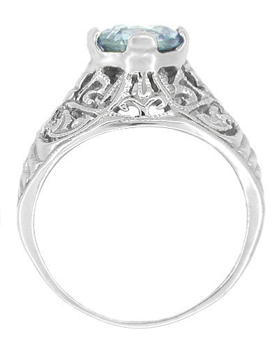 Edwardian Aquamarine Filigree Ring in 14 Karat White Gold - Item: R721 - Image: 2