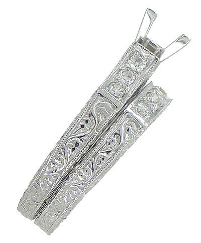 Art Deco Carved Scrolls 1/2 Carat Princess Cut Diamond Bridal Ring Set in 14 or 18 Karat White Gold - Item: R725W14 - Image: 3