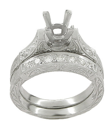 Art Deco Carved Scrolls 1/2 Carat Princess Cut Diamond Bridal Ring Set in 14 or 18 Karat White Gold - alternate view