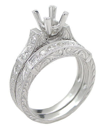 Art Deco Carved Scrolls 1/2 Carat Princess Cut Diamond Bridal Ring Set in 14 or 18 Karat White Gold