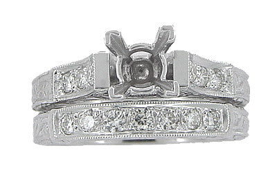Art Deco Engraved Scrolls 1/2 Carat Princess Cut Diamond Engagement Ring Setting and Matching Wedding Ring in Platinum - Item: R725P - Image: 4