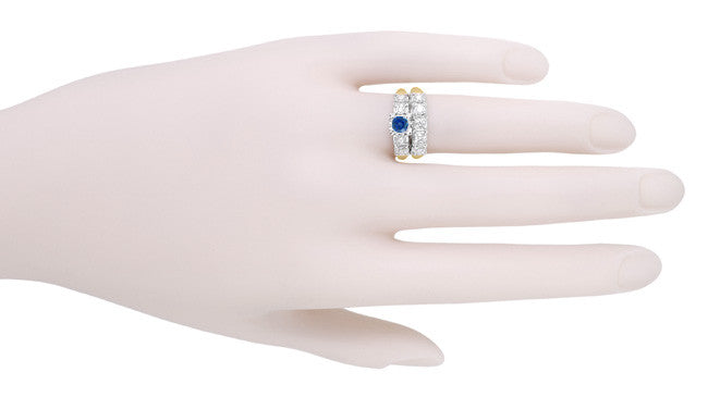 1950's Vintage Style Mid Century Cornflower Blue Sapphire Engagement Ring with Side Diamonds in Mixed Metal 14K Yellow & White Gold - Item: R728 - Image: 6