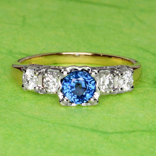 1950's Vintage Style Mid Century Cornflower Blue Sapphire Engagement Ring with Side Diamonds in Mixed Metal 14K Yellow & White Gold - Item: R728 - Image: 7