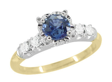 1950s Design Vintage Yogo Color Sapphire Engagement Ring with Side Diamonds - White and Yellow Gold Mixed Metals