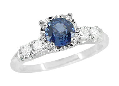 1950's Vintage Inspired Cornflower Blue Sapphire Engagement Ring in 14 Karat White Gold with Diamonds - alternate view