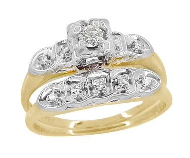 Sedgwick 1940's Two-Tone Vintage Diamond Engagement Ring and Wedding Band Set in 14K Yellow and White Gold