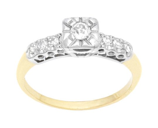 Harlowe 1930's Vintage Old Mine Cut Diamond Engagement Ring in 14K Yellow and White Gold Mixed Metals - Item: R742 - Image: 2