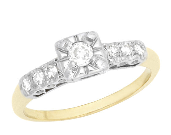 1930's Vintage Old Mine Cut Diamond Engagement Ring Featuring Illusion Box Setting and Side Old Single Cut Diamonds in 14K Yellow and White Gold - R742