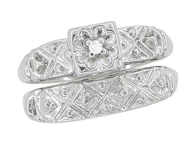 Art Deco Antique Wedding Ring and Clover Engagement Ring Set in 14 Karat White Gold - Item: R744 - Image: 2