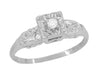 Retro Moderne Scrolls and Clover Vintage Diamond Engagement Ring in 14 Karat White Gold