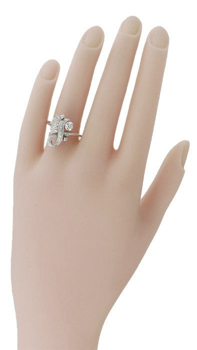 Womens hand with 1950's Retro Moderne Spray Vintage Diamond Ring in 14 Karat White Gold - R763