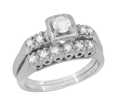 Mid Century Retro Moderne Diamond Engagement Ring and Wedding Ring Set in 14 Karat White Gold