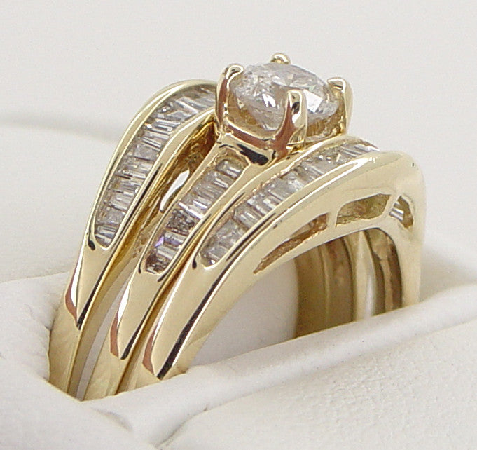 Estate Baguettes Diamond Engagement Ring and Double Hugger Wedding Set in 14 Karat Gold - Item: R780 - Image: 2