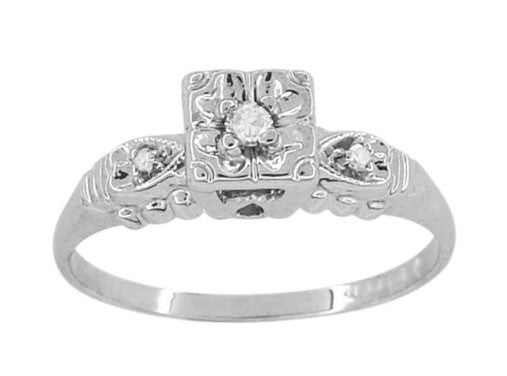 Retro Moderne Hearts and Clover Vintage Diamond Engagement Ring in 14 Karat White Gold