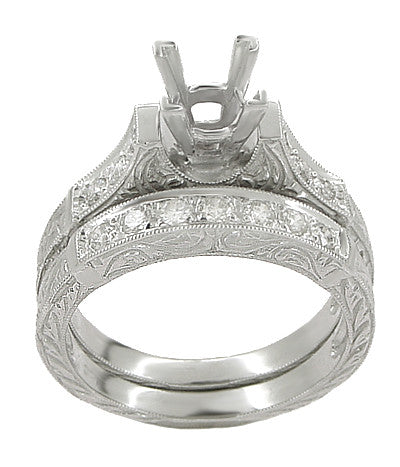 Art Deco Scrolls Bridal Ring Set for a 1 Carat Square Princess Cut Diamond in White Gold - Engagement Ring Semimount and Wedding Ring - Item: R798W14 - Image: 2
