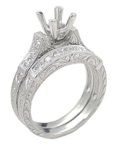 Art Deco Scrolls Bridal Ring Set for a 1 Carat Square Princess Cut Diamond in White Gold - Engagement Ring Semimount and Wedding Ring