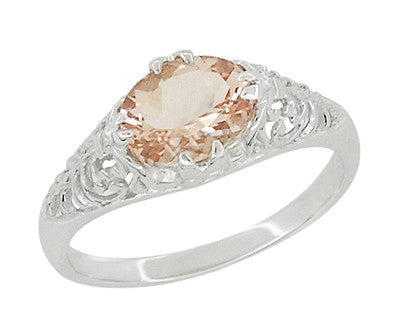 Morganite Oval East West Filigree Edwardian Engagement Ring in 14 Karat White Gold - Item: R799M - Image: 2