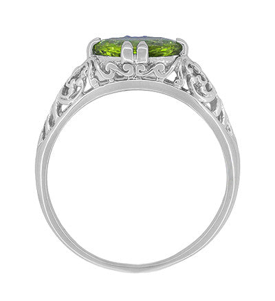 East to West Oval Peridot Filigree Edwardian Engagement Ring in 14 Karat White Gold - Item: R799PER - Image: 4