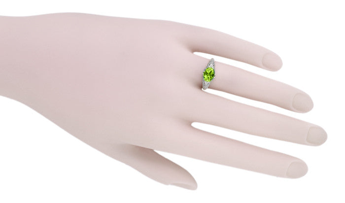 East to West Oval Peridot Filigree Edwardian Engagement Ring in 14 Karat White Gold - Item: R799PER - Image: 6