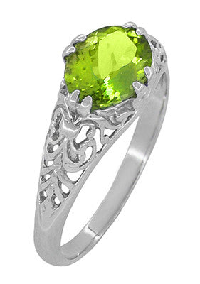 East to West Oval Peridot Filigree Edwardian Engagement Ring in 14 Karat White Gold - alternate view