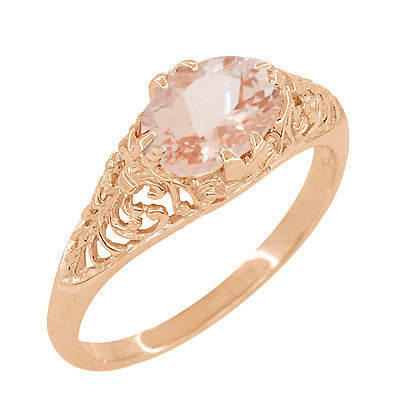 Edwardian Filigree East West Oval Morganite Engagement Ring in 14 Karat Rose Gold ( Pink Gold ) - Item: R799RM - Image: 3