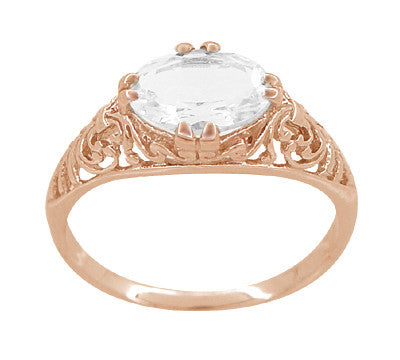 Edwardian Oval White Sapphire Filigree Engagement Ring in 14 Karat Rose Gold ( Pink Gold ) - Item: R799RWS - Image: 3