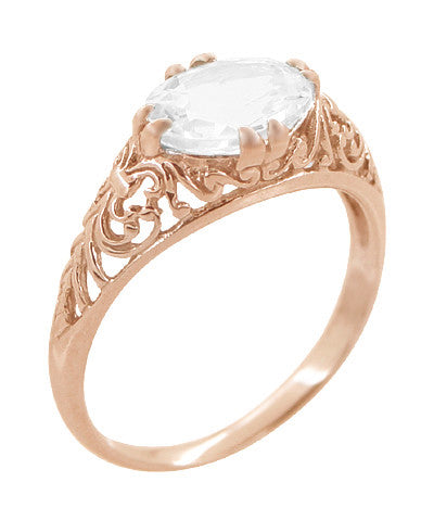 Edwardian Oval White Sapphire Filigree Engagement Ring in 14 Karat Rose Gold ( Pink Gold ) - Item: R799RWS - Image: 2