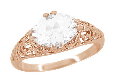 Edwardian Antique Style Rose Gold Oval White Sapphire Engagement Ring in an East West Setting - R799RWS