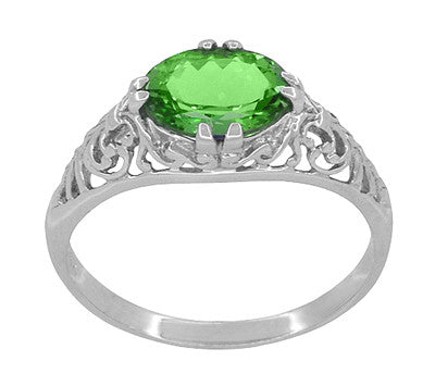 Oval Tsavorite Garnet Edwardian Filigree Engagement Ring in 14 Karat White Gold - Item: R799TS - Image: 2
