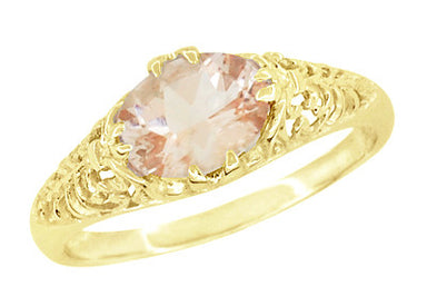 Yellow Gold Morganite Oval Filigree Vintage Edwardian Engagement Ring with East to West Setting - R799YM