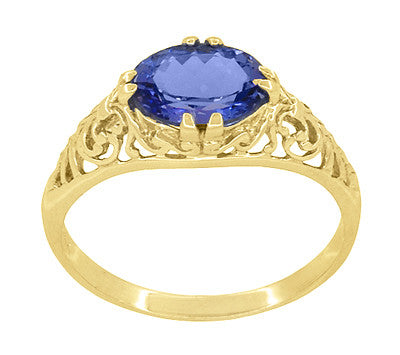 Yellow Gold Edwardian Fleur-De-Lys Filigree East to West Oval Tanzanite Ring - Item: R799YTA - Image: 3