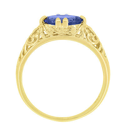 Yellow Gold Edwardian Fleur-De-Lys Filigree East to West Oval Tanzanite Ring - Item: R799YTA - Image: 4